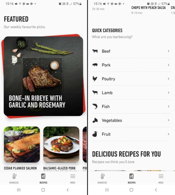 Weber Connect smartphone app recipe section screensh.
