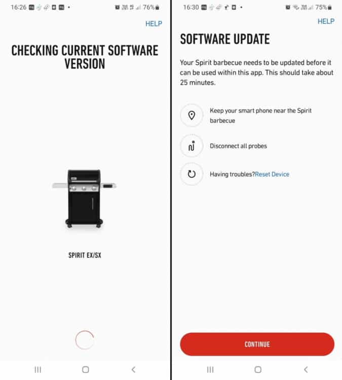 Weber Connect smartphone app screenshots showing a software update for a Spirit gas gr.