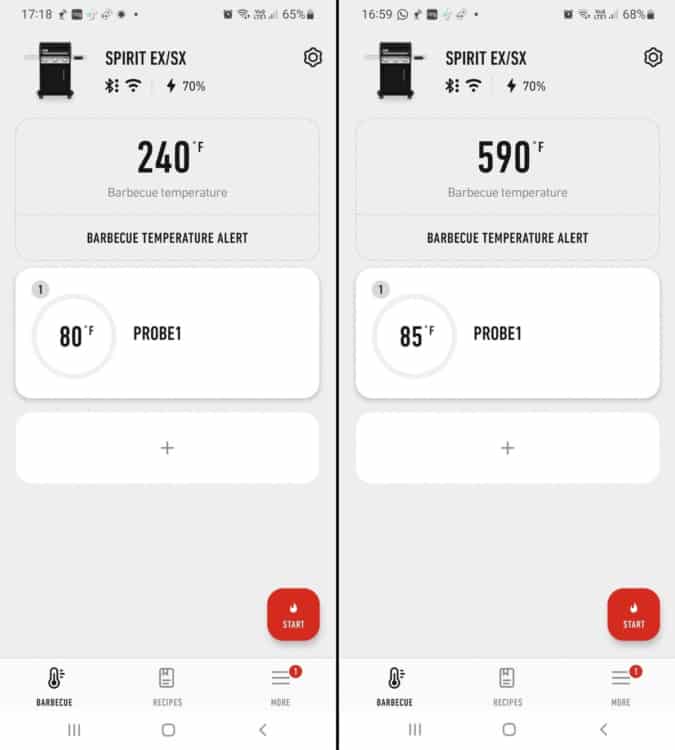 Two Weber Connect smartphone app screenshits showing the app monitoring the grills temperatu.