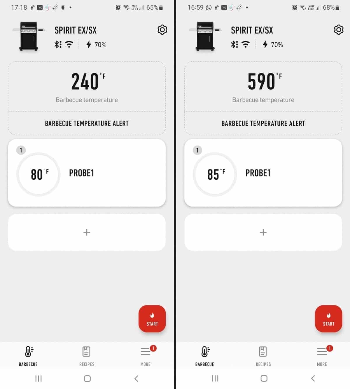 Two Weber Connect smartphone app screenshits showing the app monitoring the grills temperatures.