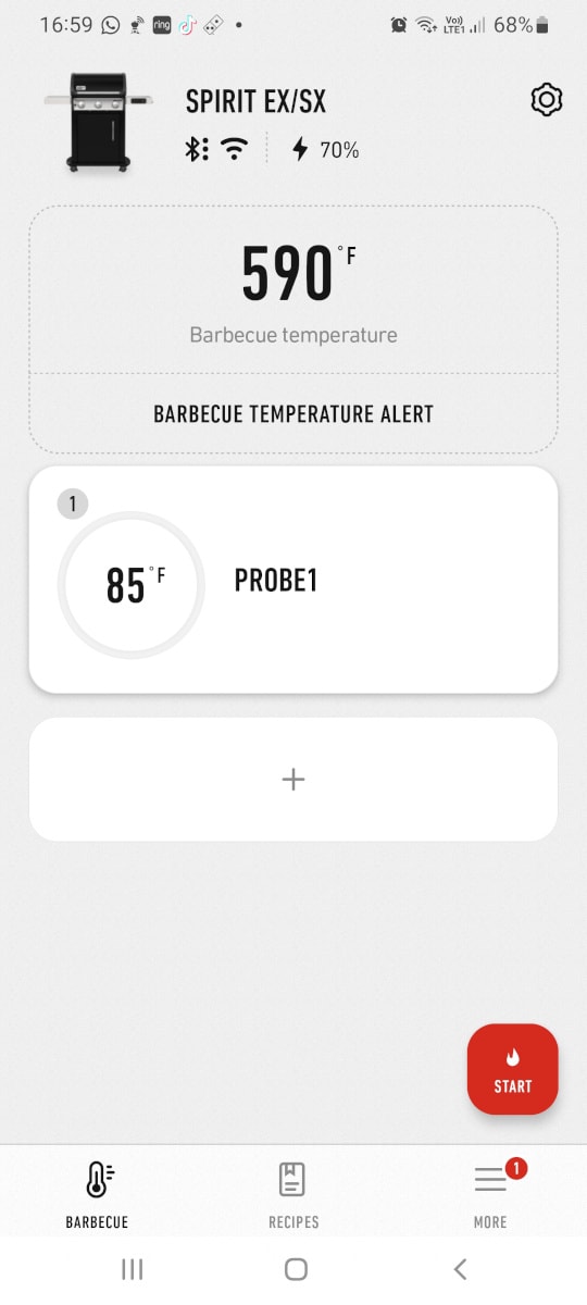 Weber Connect smartphone app screenshot showing the grill hitting 590 degrees Fahrenh.