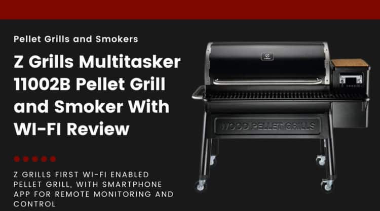 A Z Grills 11002b pellet grill isolated on black, next to text describing this article as a review.