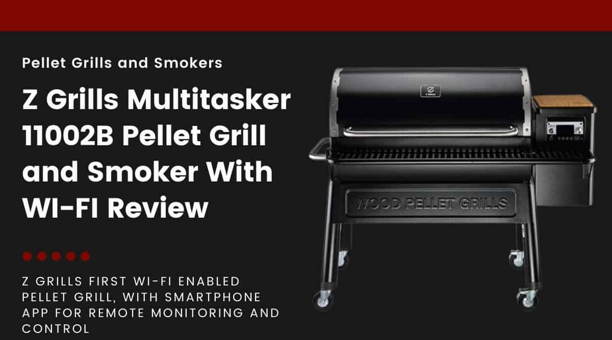 A Z Grills 11002b pellet grill isolated on black, next to text describing this article as a review.