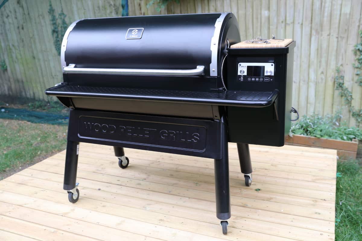 z grills 11002b on wooden decking, shot from the side.