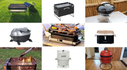 A photo montage of 9 of the best portable charcoal grills in a grid layout.