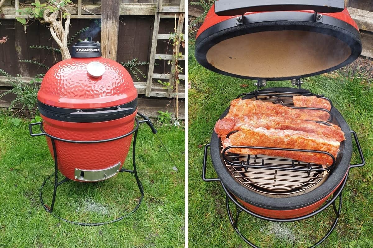 Grilling baby back ribs inside of a Kamado Joe Jr grill and smoker