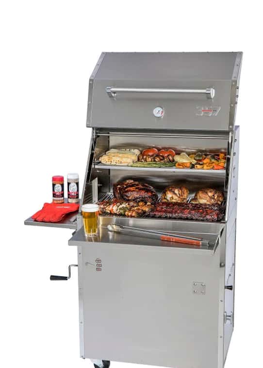 Hasty Bake 357 Pro with lid open, fully loaded with food, isolated on white.