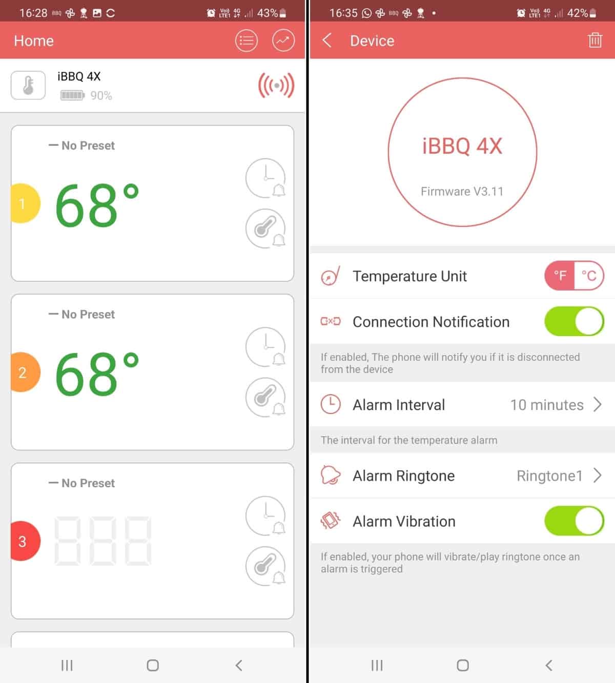 Inkbird smartphone app screenshots showing two probes temperatures at 68 degrees, and the settings screen.