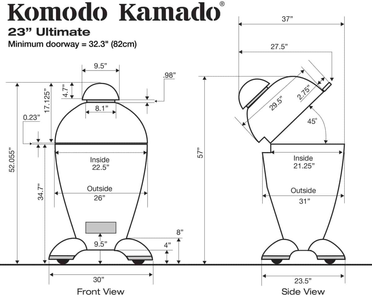 Komodo Kamado Ultimate 23 inch engineering diagram showing its dimensions