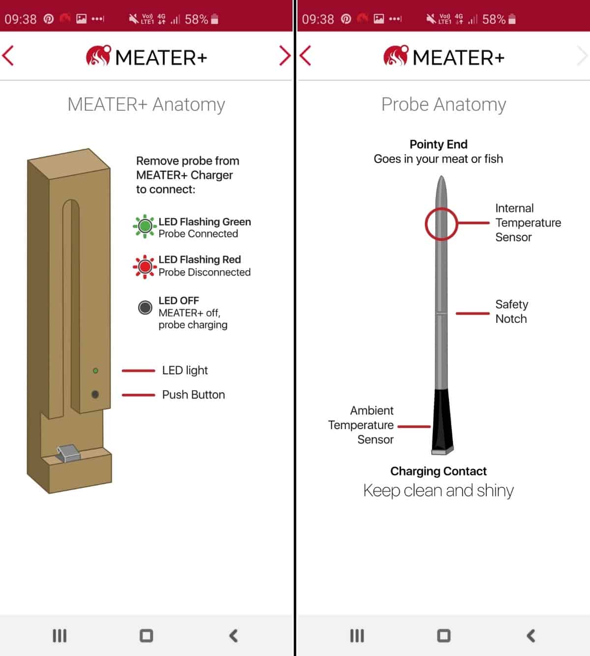 Meater app screenshots showing how the probe and block work