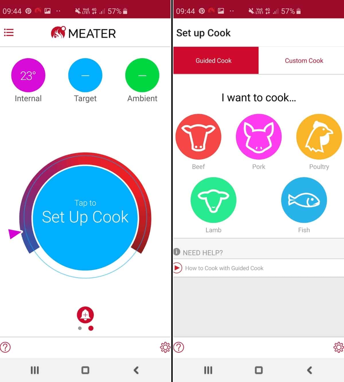 Meater app screenshots showing how to set up a guided cook.