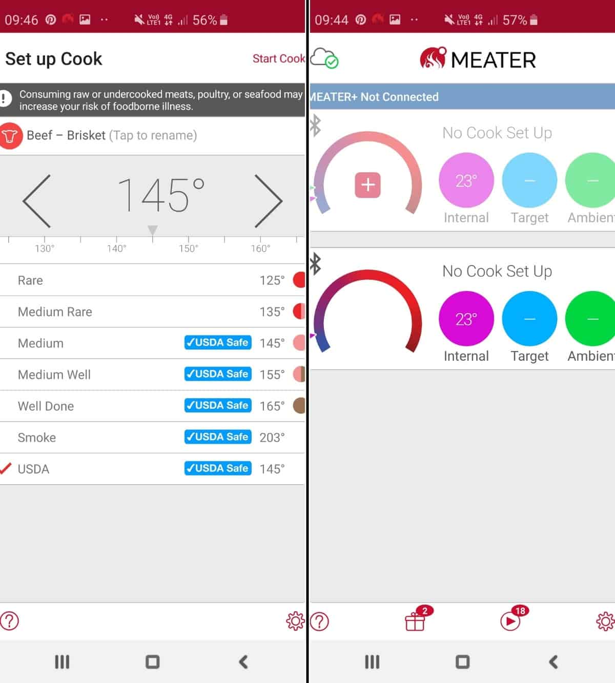 Meater app screenshots showing a guided cook, next to two probes being monitored during a manual cook.