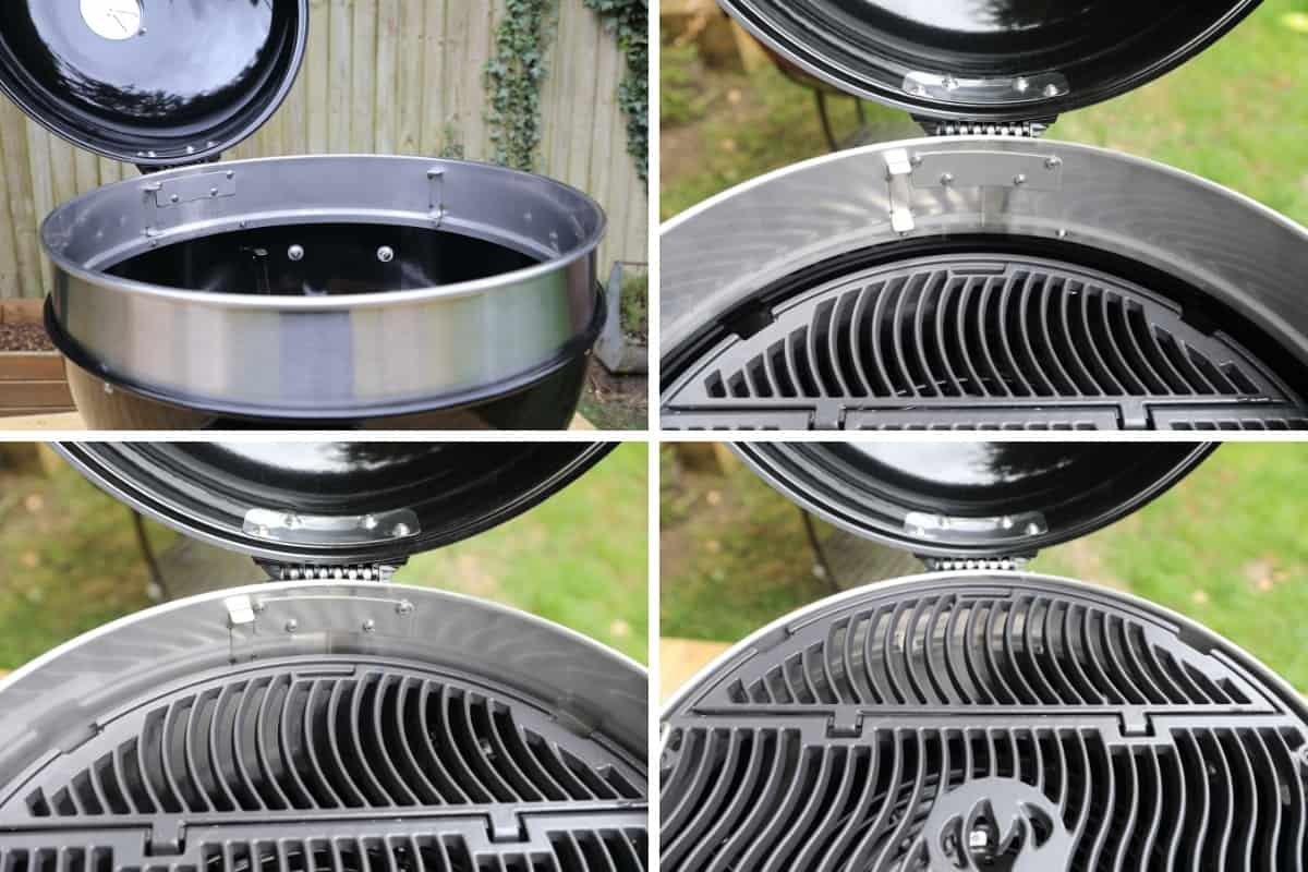 Four pictures showing the Napoleon Pro charcoal grill grate heights