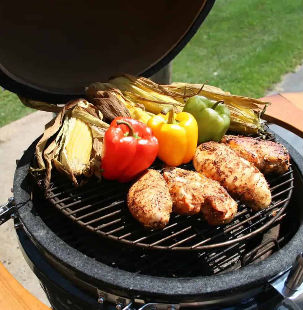 Vision Grills Kamado fully loaded with meat and vegetables