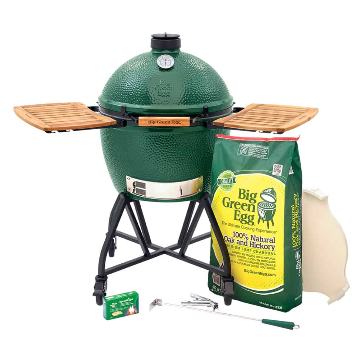 xlarge big green package, with grill, nest, side tables and charcoal, isolated on white.