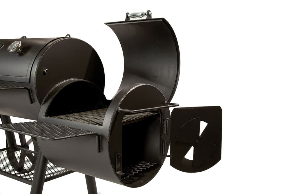 Close up of Luling 24 Offset Smoker firebox photographed in wide angle