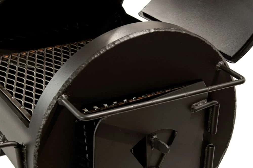 Close up of Luling 24 Offset Smoker firebox with lid open