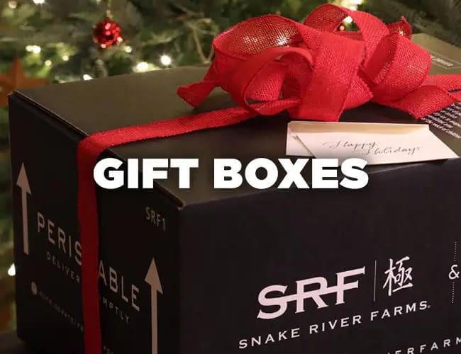 A Snake River Farms gift box with the words 'Gift Boxes' written across the photo in white