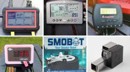 A six photo grid of different automatic BBQ temperature controllers side-by-side