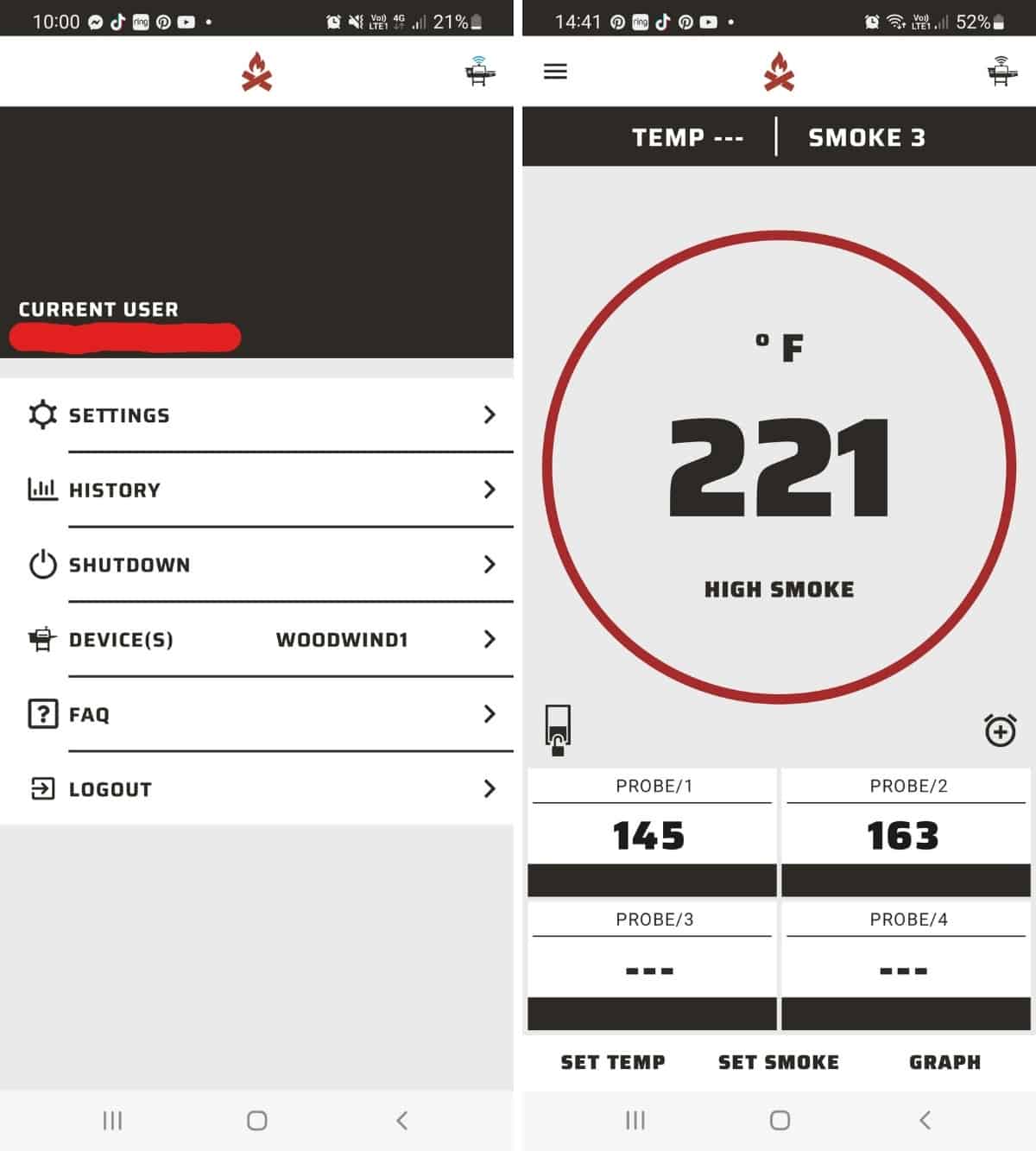 Camp Chef Connect smartphone app screenshots, showing a settings screen, and probe temperatures, side by side