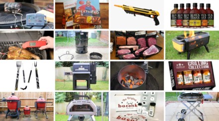A photo montage of 16 different bbq and grilling gifts.
