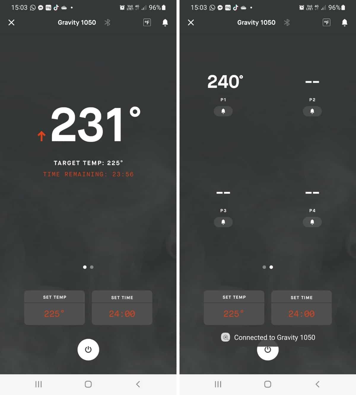 Masterbuilt app screenshots showing the attached thermometer probe and pit probe temperatures.
