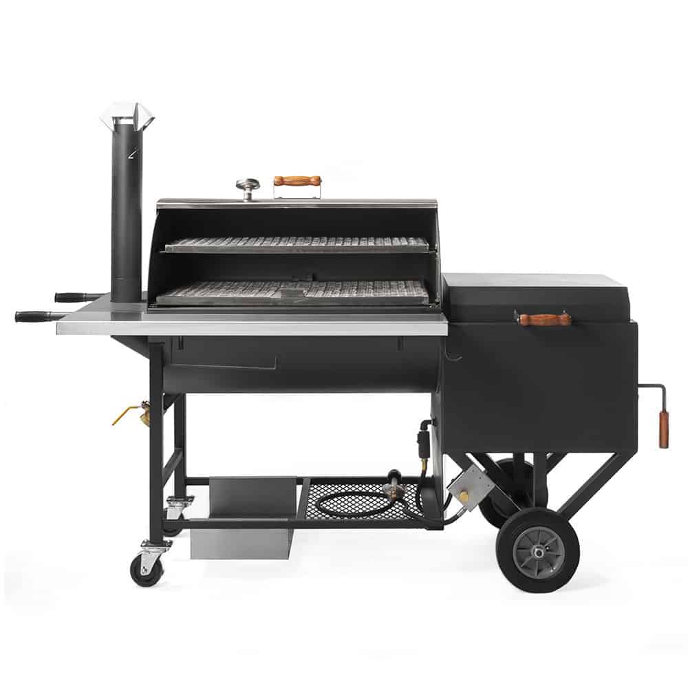 Pitts and Spitts U1830 offset smoker with lid open.