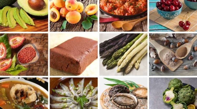 A 12 photo montage of different foods that start with a