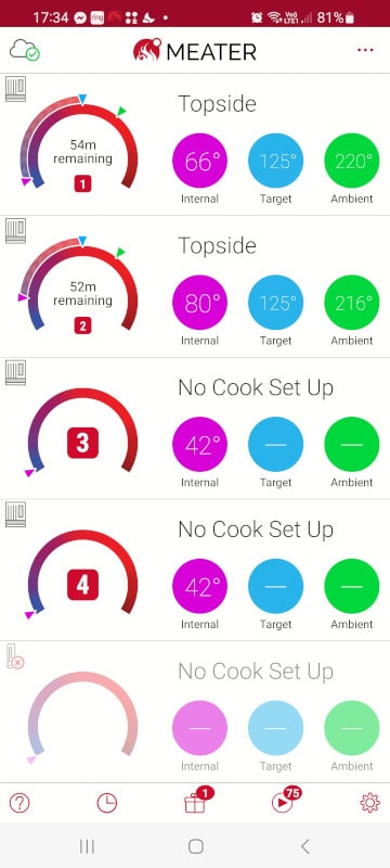 Meater app screenshot showing temperatures for four probes, and time left to cook for two of them.