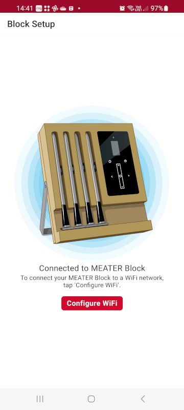 Meater app screenshot  showing setup, specifically configuring Wi-Fi.