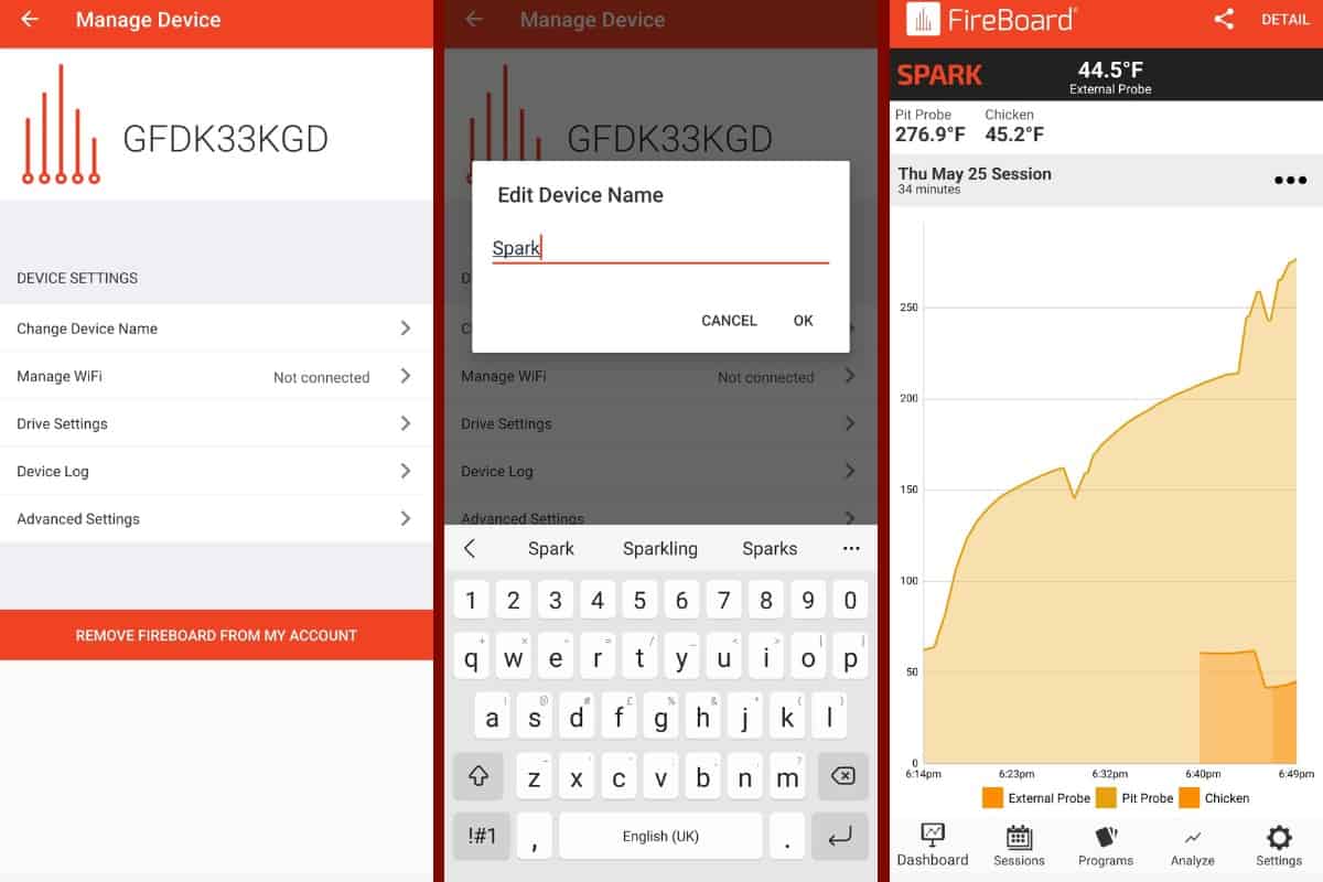Three Fireboard App screenshots showing adding the device, setting its name, and temperature monitoring in graph format.