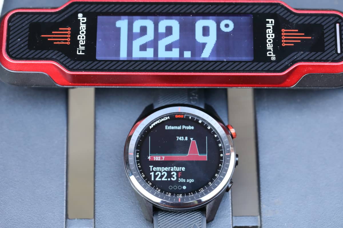 Fireboard Spark and a Garmin golf watch, showing temperature information.