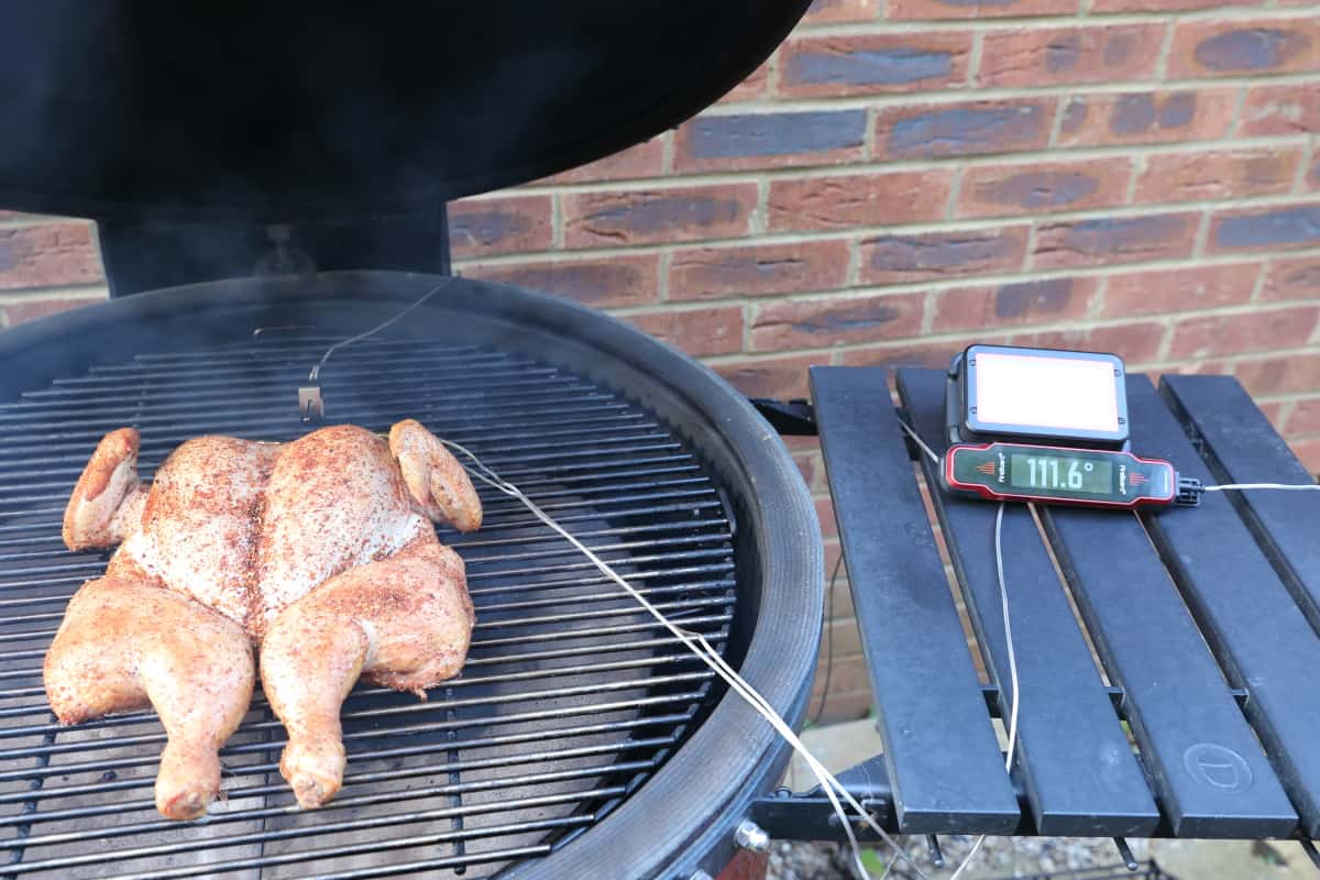 Fireboard Spark and 2 Drive in use on a Kamado Big Joe, to cook a spatchcock chicken.