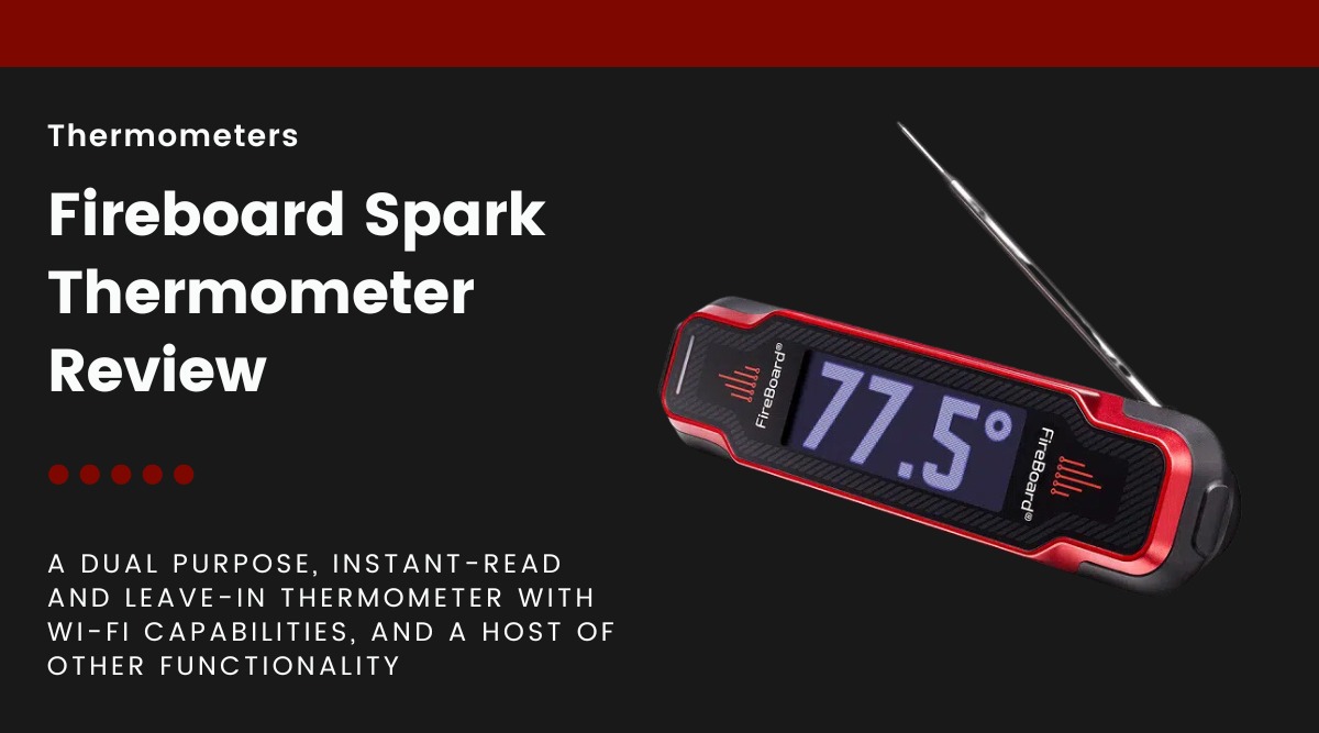 A Fireboard Spark thermometer isolated on black, next to text describing this article as a review.