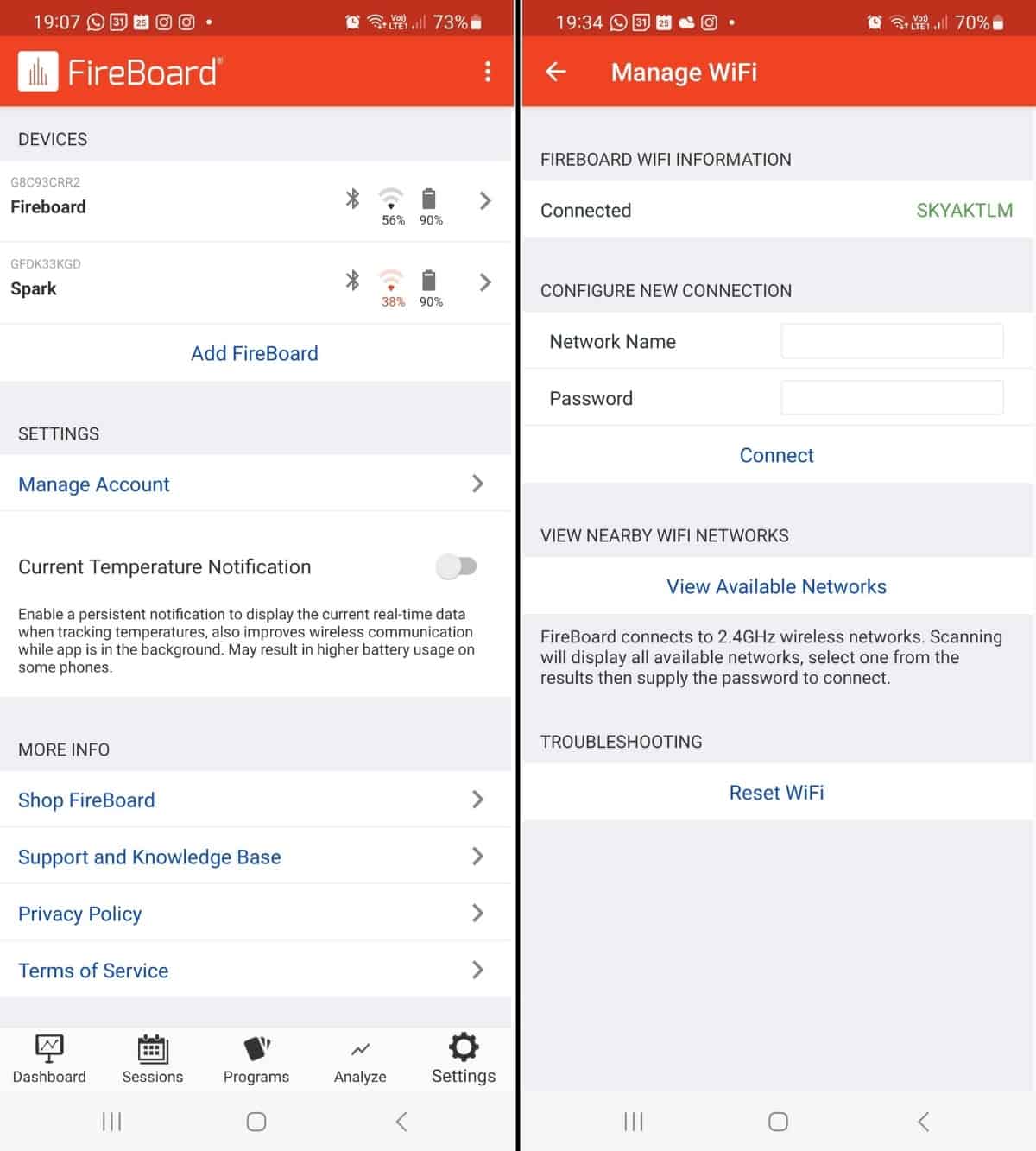 Fireboard app showing the Spark Wi-Fi settings.