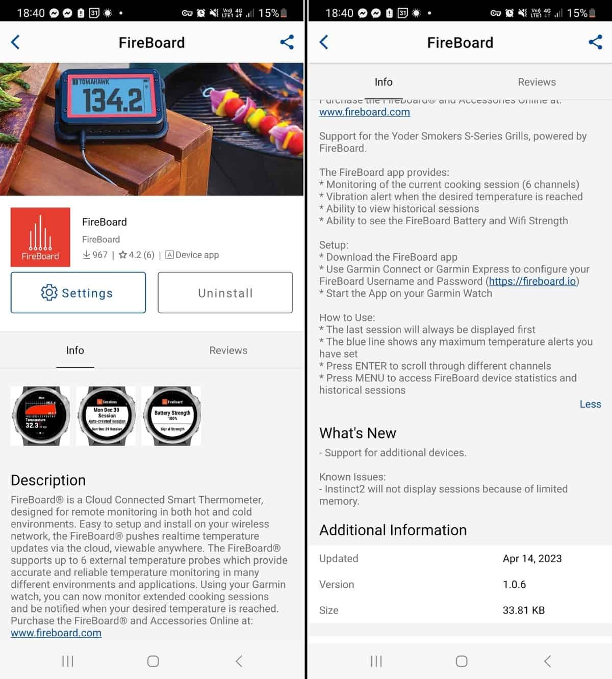 Two screenshots from the Connect IQ Garmin app, showing the fireboard app you can download and install.