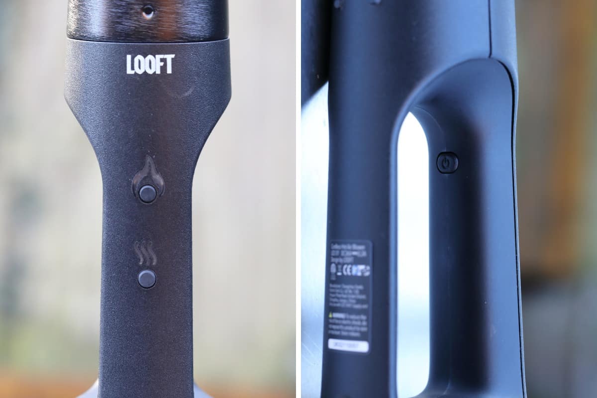 Two photos of close-ups of the Looft Lighter X buttons.