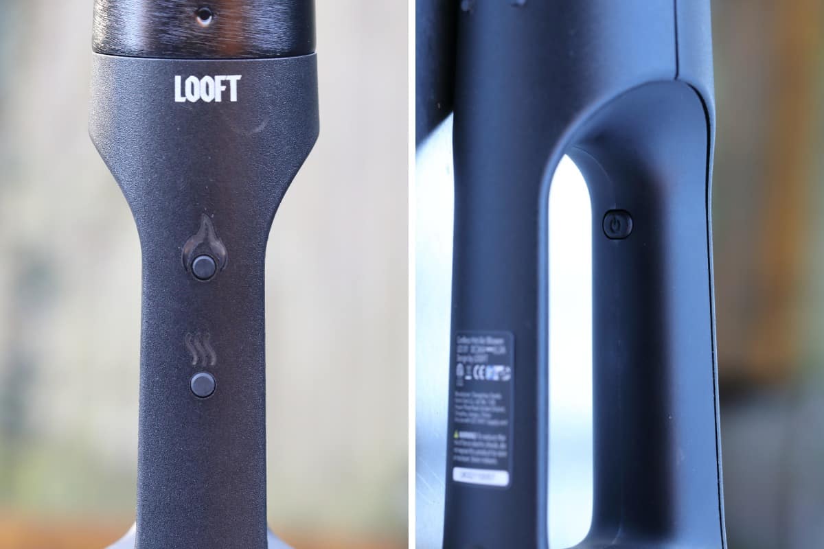 Two photos of close-ups of the Looft Air Lighter X buttons.