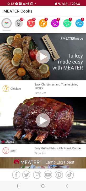 Meater app screenshot showing a selection of recipes you can follow.