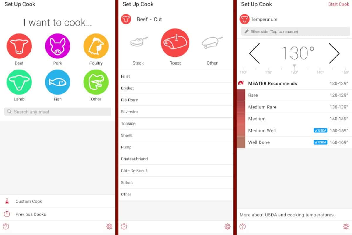 Meater app screenshots showing the selection of medium rare beef to cook.