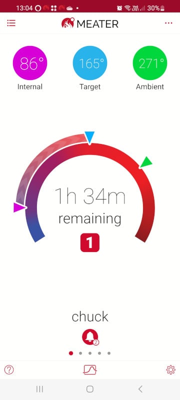 Meater app screenshot  showing a single probes temperature, and estimated time left for the cook.