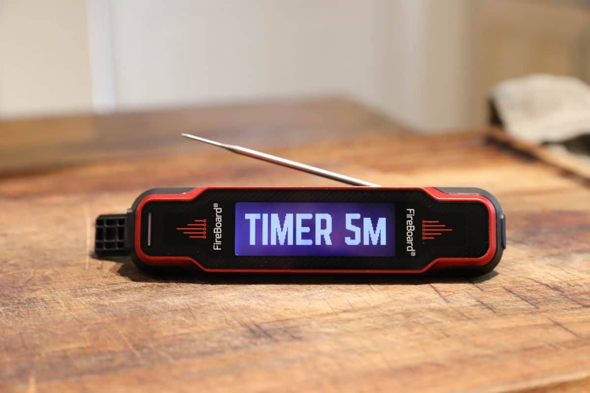 Fireboard Spark showing 'Timer 5m' on it's display.