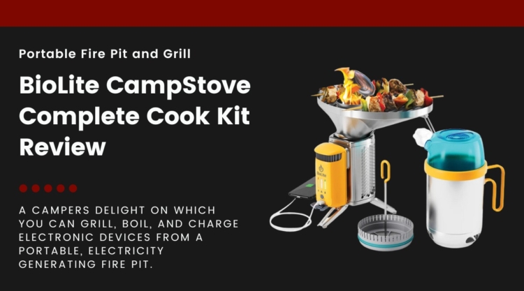 A Biolite CampStove Complete Cook Kit isolated on black, next to text describing this article as a review.