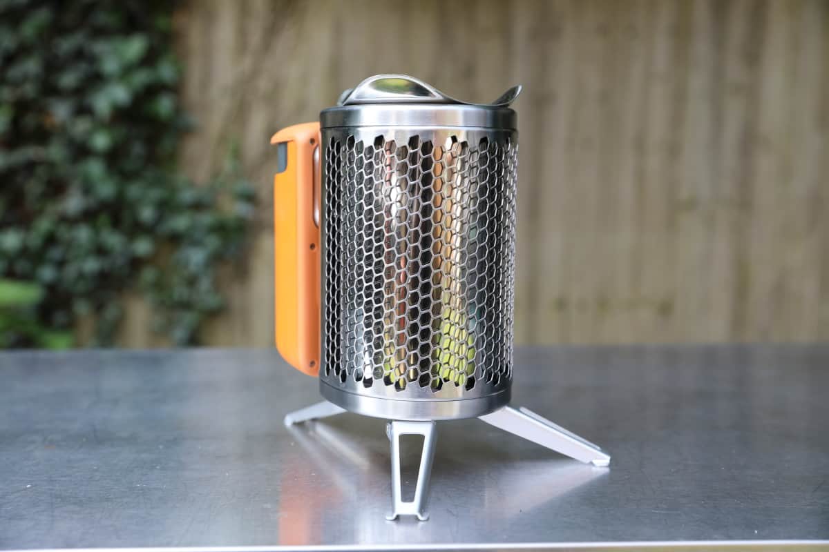 Biolite CampStove from the back, showing the small perforated stove body.