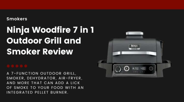 A Ninja Woodfire Outdoor Grill isolated on black, next to text describing this article as a review.