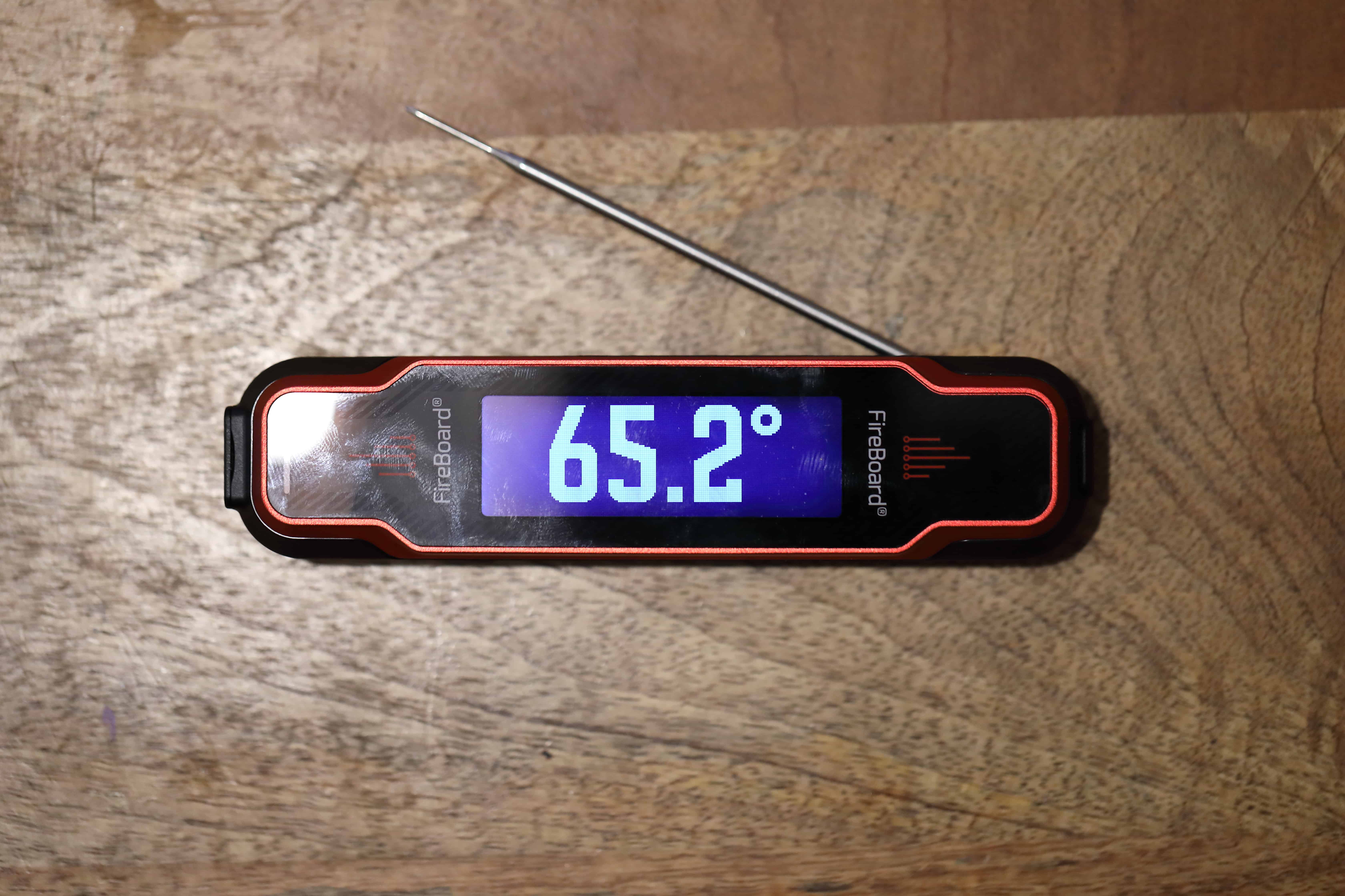 Fireboard Spark with probe open, displaying 65.2 degrees F.