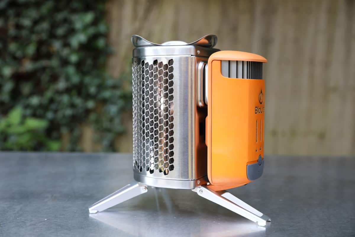 Biolite CampStove 2+ sitting on a metal table.