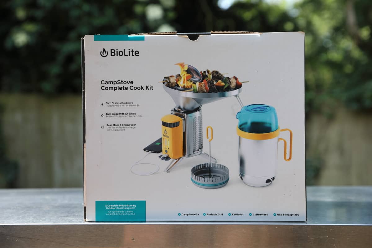 Biolite CampStove box sitting on a metal table.