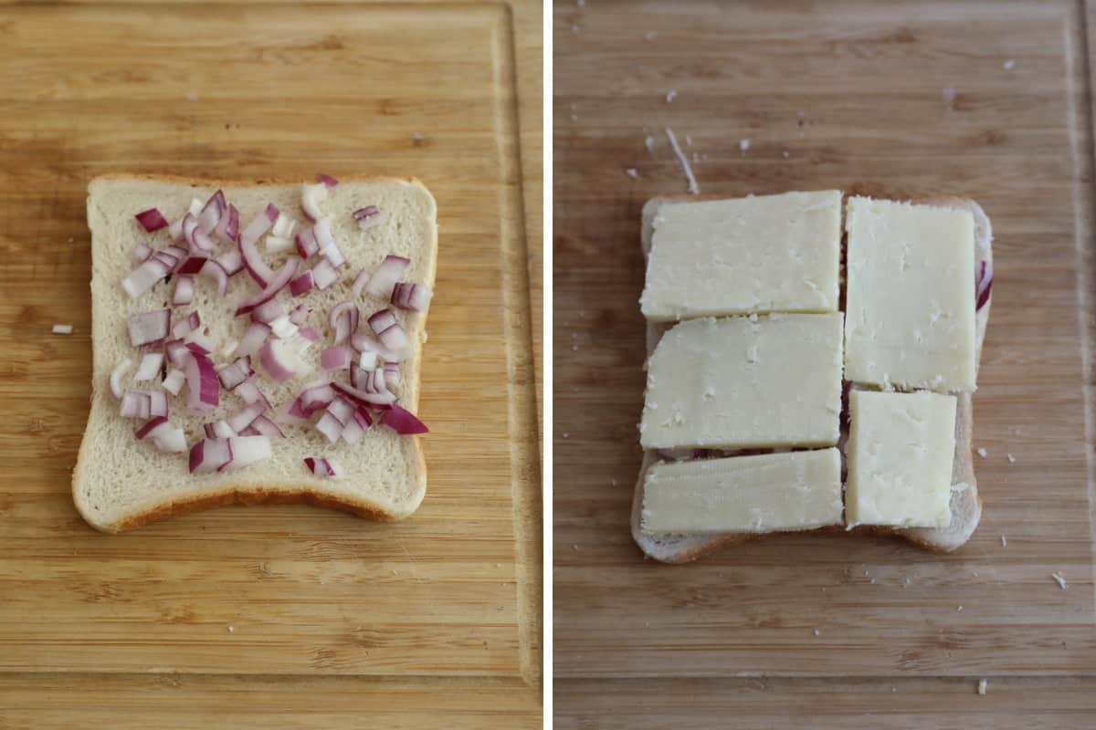 Slices of cheese on toast with onion underneath the cheese on a wooden chopping board.