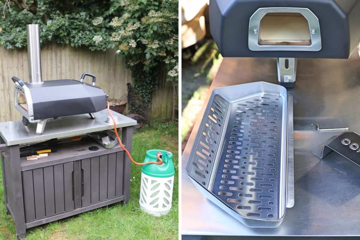 Two photos: Left, the Ooni Karu 16 working on gas; Right is the charcoal and wood fuel basket.